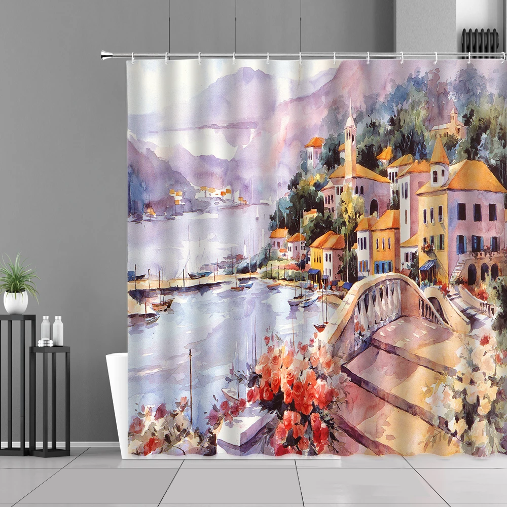 

European Landscape Architecture Shower Curtains Printed Bathroom Decor Hanging Curtain Set Screens Waterproof Polyester Fabric