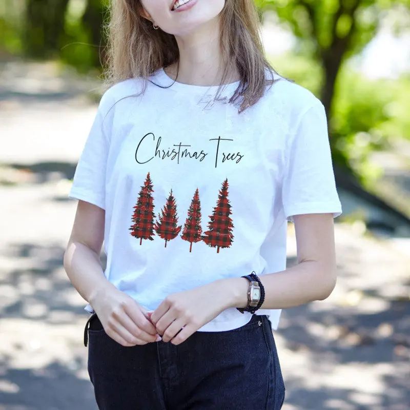 

White Women T Shirt Merry Christmas Plaid Tree Print Tshirt Women Short Sleeve O Neck Loose Tops Ladies Summer Causal Tee Shirt