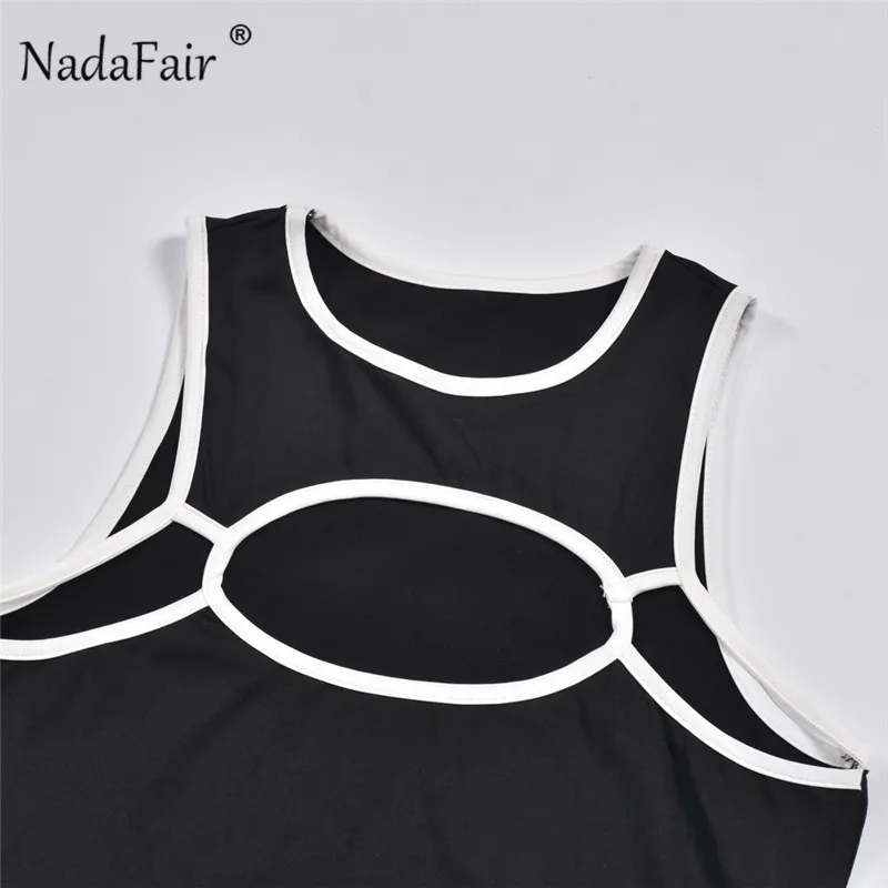 

Nadafair Tank Mini Dress Women Sleeveless Holow Out Sexy Clubwear Black White Patchwork Wrap Short Dress Summer 2021