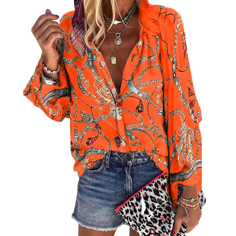 

2020 New Design Plus Size Women Blouse V-neck Long Sleeve Chains Print Loose casual Shirts Womens Tops And Blouses