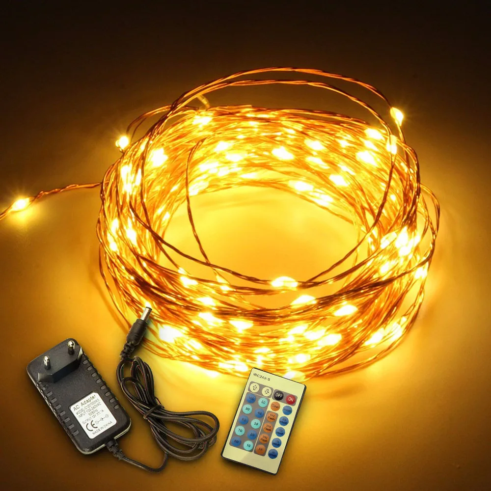 

Праздничная уличная медная гирлянда, 10 м, 100 светодиодов, пульт дистанционного управления, таймер, батарея, USB, светильник для вечерние ринки,...