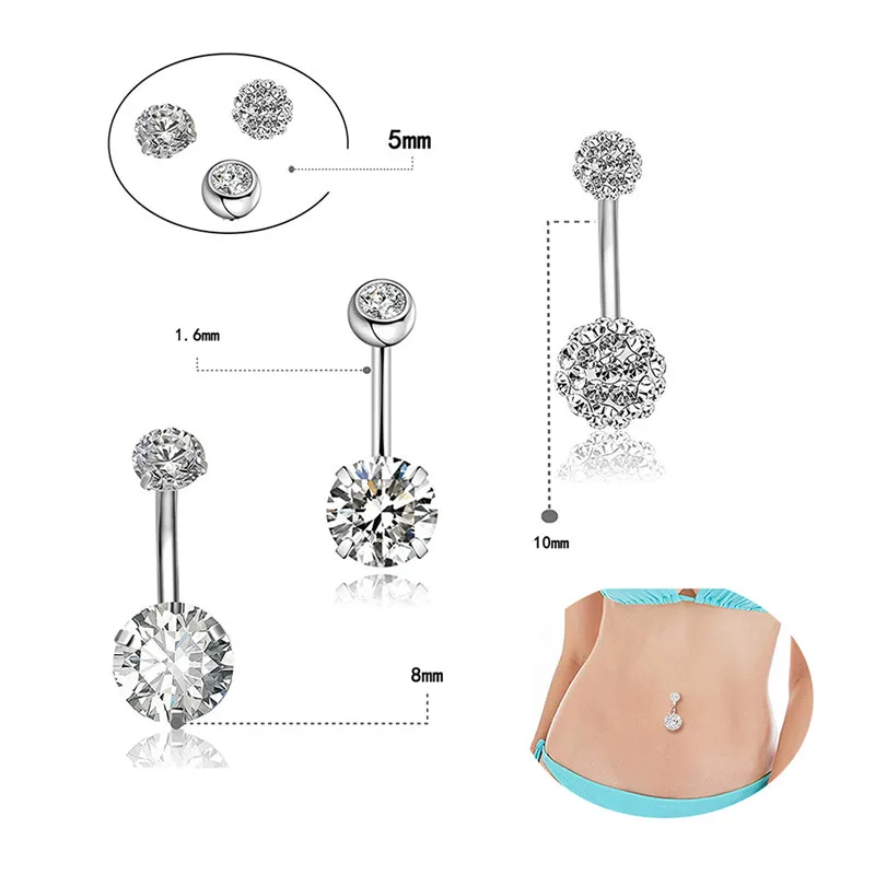 

New 6pcs/set Elegant Body Piercing Jewelry Crystal Flower Navel Belly Button Ring Chic Stainless Steel Navel Ring