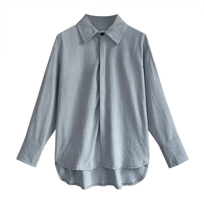 

Women Vintage Solid Color Casual Shirt Loose Single-breasted Long Sleeve Lapel Blouse New