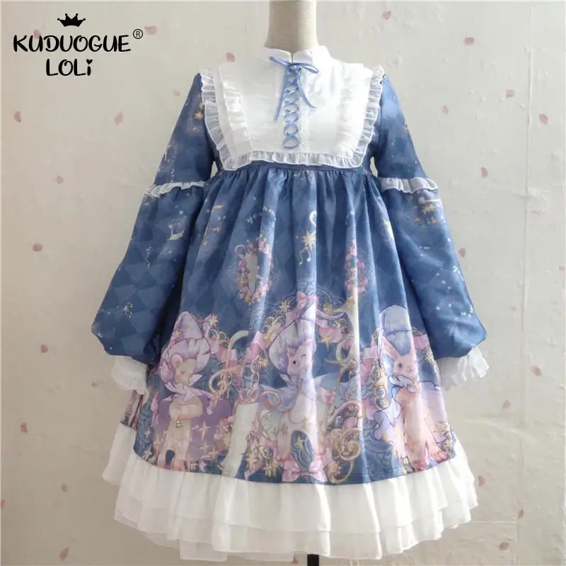 

Japanese Lolita Dress Mori Girl Sweet Bowknot Ruffles Long Sleeve Princess Dress Kawaii Party Retro Ball Anime Cosplay Costume