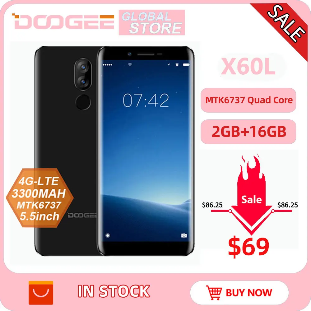 DOOGEE X60L смартфон с 5 дюймовым дисплеем четырёхъядерным процессором MTK6737 ОЗУ 2 Гб