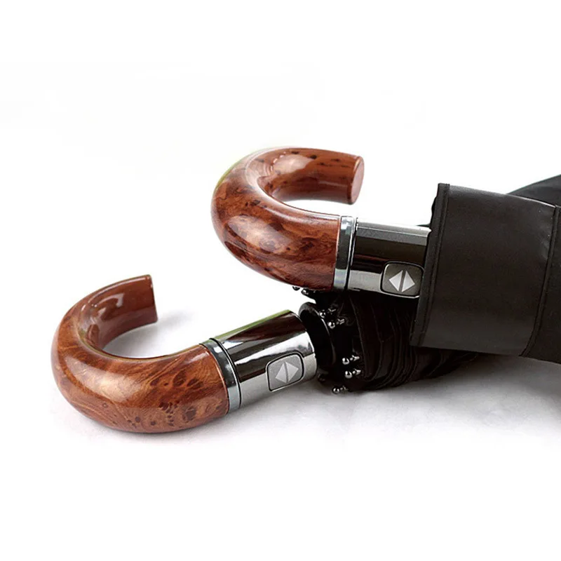 Зонт Автоматический с 10 спицами изогнутый мужской кожаный деревянной ручкой