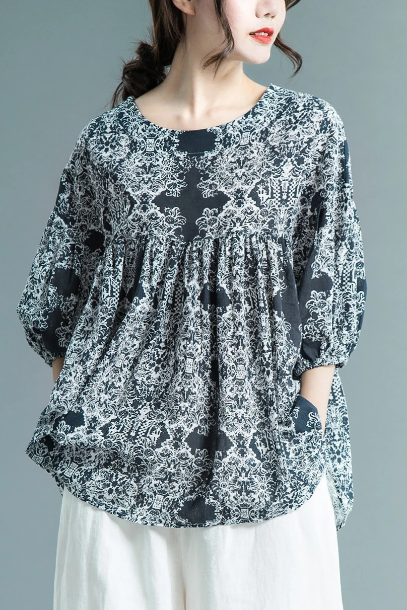 

Vintage Minimalist Loose Blouse Women Casual Cotton And Linen Ethnic Style Shirt Prints Women's Tops Plus Size