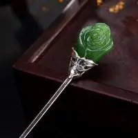 

Original designer craftsmanship natural Hetian jasper rose hairpin Thai silver Chinese retro charm lady silver jewelry
