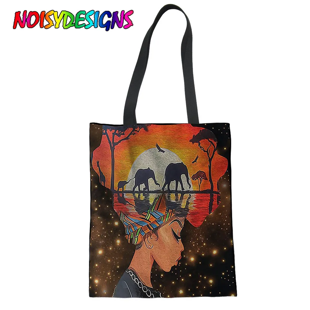 

NOISYDESIGNS Art Afro Lady Girls Printed Canvas Reusable Shopping Bag Women Foldable Grocery Storage Bags Large Casual Totes Bag