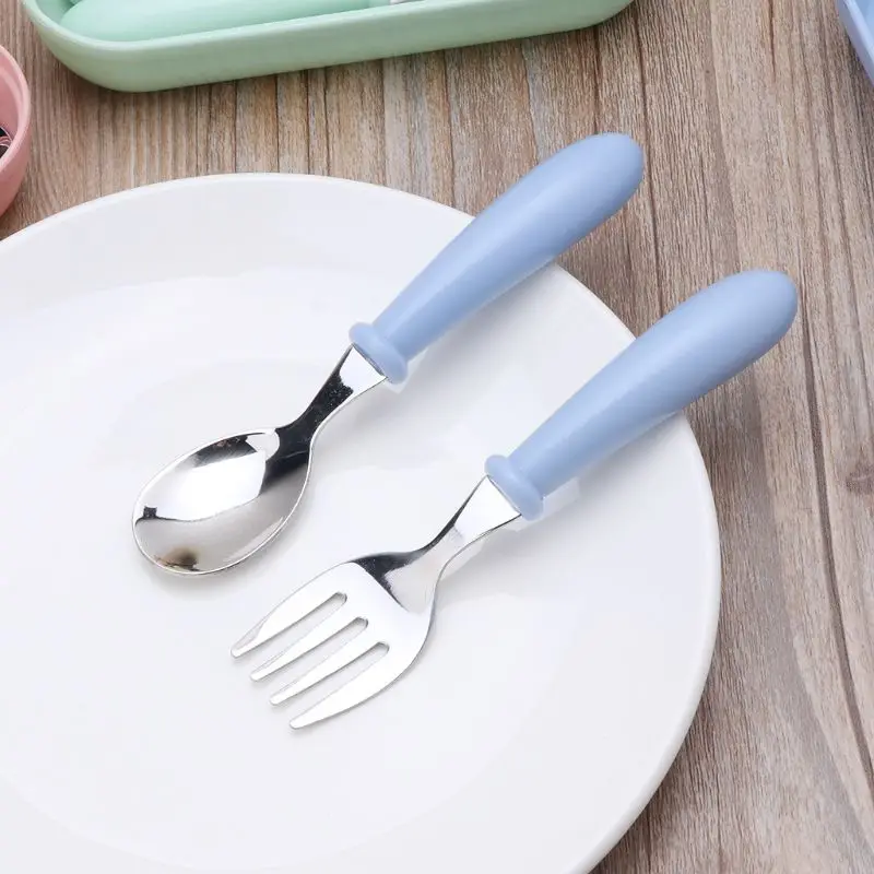 2pcs/lot Baby Feeding Spoon Fork Set Stainless Steel Toddler Infant Tableware Flatware Kids Cutlery with Ant-Dust Box
