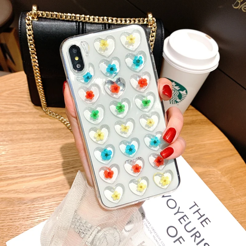 Cute 3D Love Heart Dried Flower Phone Case for iphone 11 Pro Max 6 6S 7 8 Plus X XS XR Real Soft TPU Back Cover |