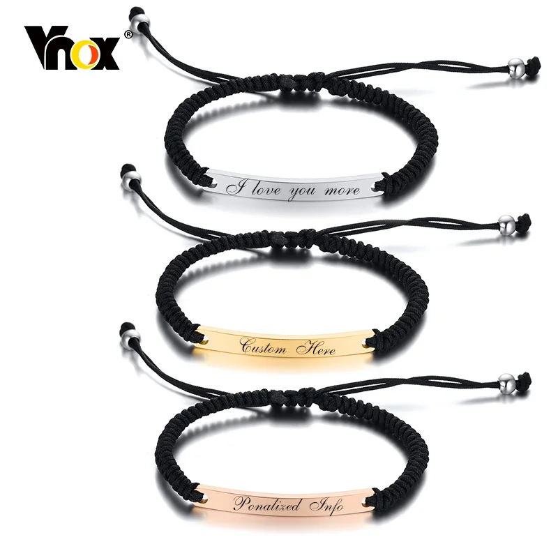 

Vnox Customize Engrave Love Name ID Bar Women BFF Bracelets, Braided Rope Chain Jewelry, Stainless Steel Metal Tag Accessory