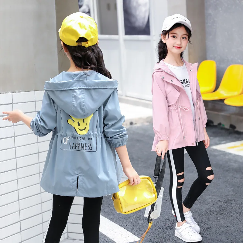

2021 Spring Autumn Baby Girls Trench Coats Preppy Style Hooded Windbreaker Outerwear For Girls Clothing Solid Tops Kids Jacket