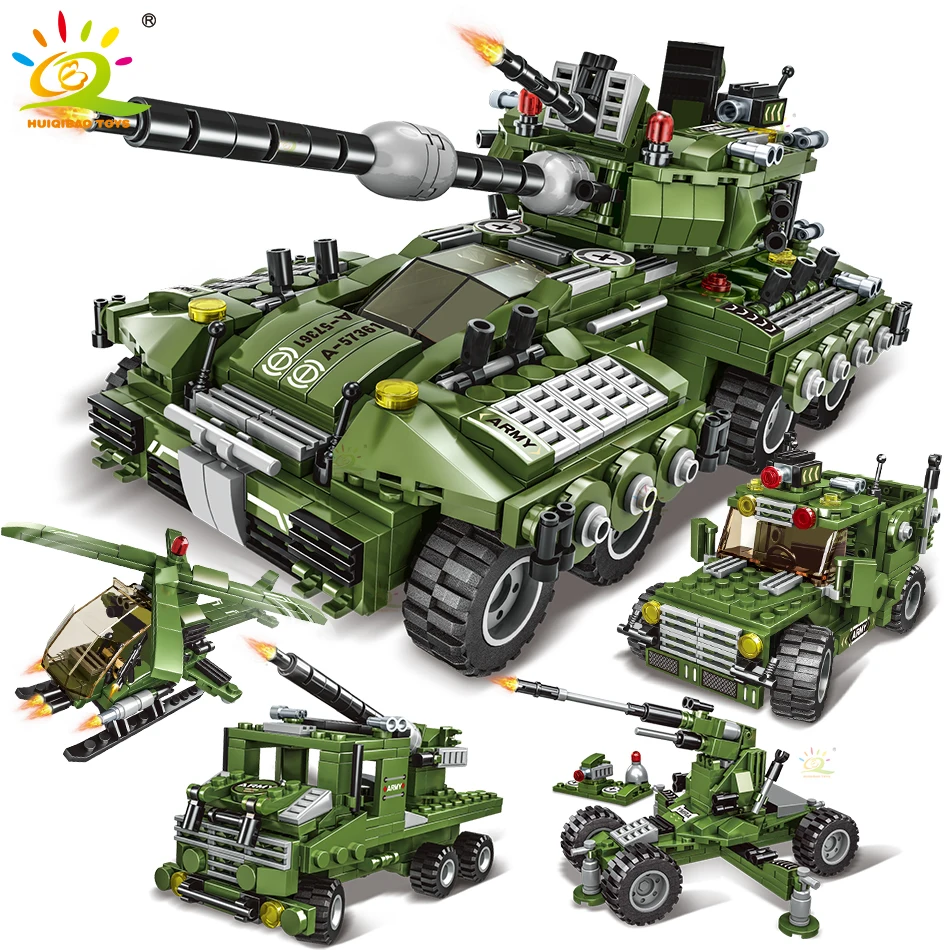 

HUIQIBAO 771pcs 4in1 Military Tank Model Building Blocks WW2 Truck Helicopter 4 Soldier Figures Army Bricks Toys For Children