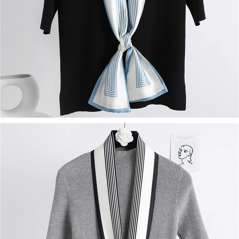 

2021 Women Thin Striped Silk Scarf Narrow Strip Hijab Scarves Korean Decorative Double Layer Simulation Silk Wild Handkerchief