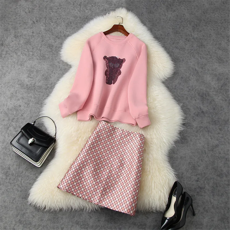 

High Street Style Fashion Lady Casual Two Piece Outfits Autumn Long Sleeve Sequined Loose Space Cotton Top and Skirt Suit Sets