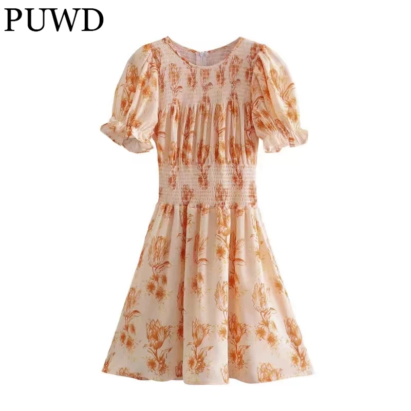 

Повседневное женское короткое платье PUWD с оранжевым цветочным принтом, весна 2022, модные женские платья с пышными короткими рукавами, женско...