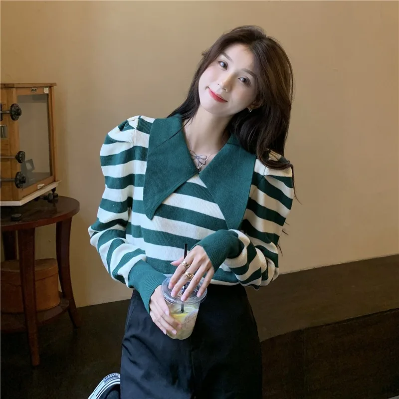 

8040 Autumn Women Knitted Pullovers Striped Vintage Long Sleeve Chic Doll Collar Casual Office Ladies Knitwear Thin Sweater Tops