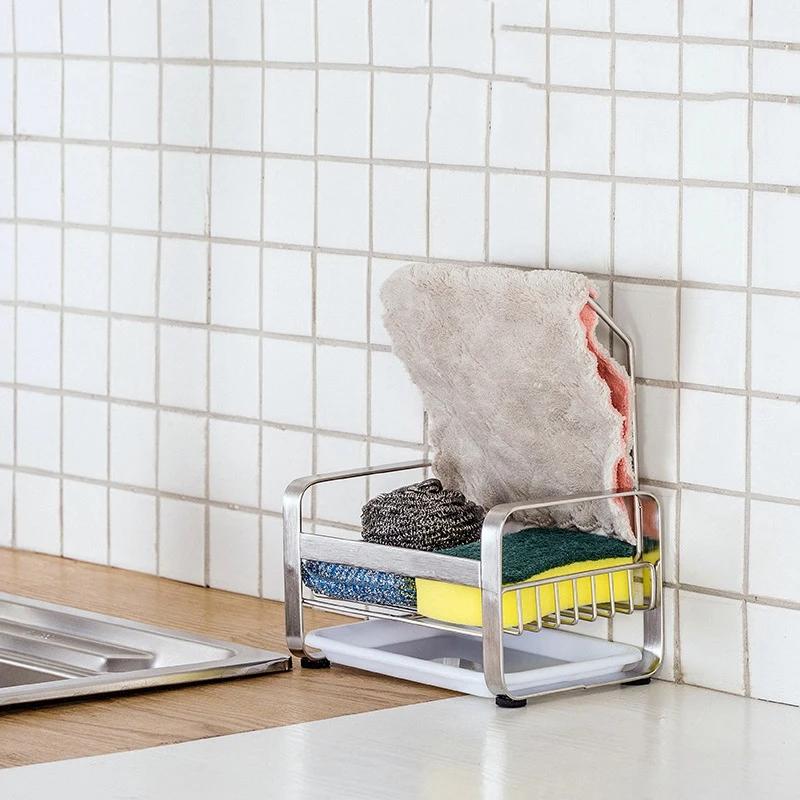 

Large Sponge Holder Kitchen Sink Caddy Cleaning Brush Soap Organizer Rack, with Drain Tray