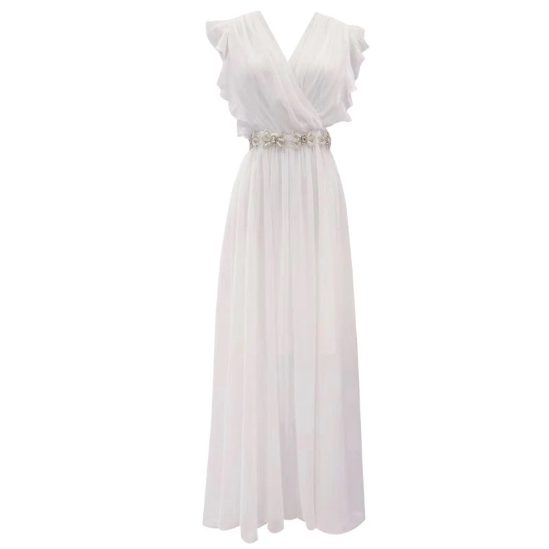 

Luxury Beading White Maxi Party Dress Women Sleeveless High Waist Ladies Elegant Vogue Evening Chiffon Dresses 2021 Summer