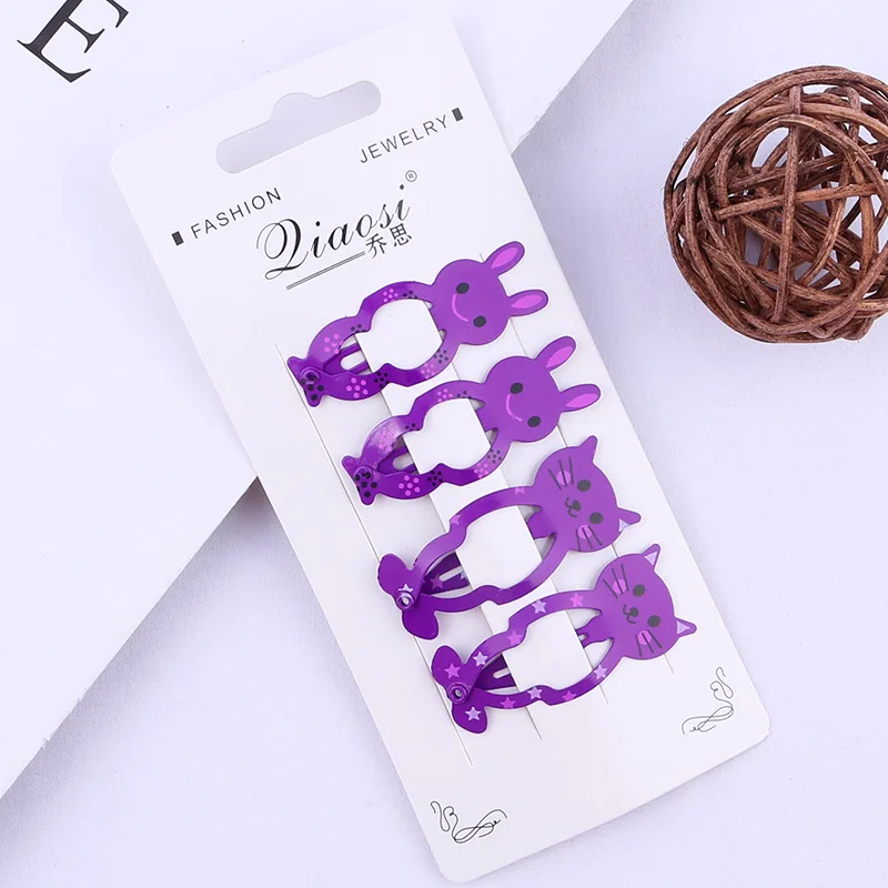 4PCS Purple 5 см Мультяшные шпильки для волос с кроликами, заколки для волос для детей, аксессуары для волос, заколка для волос для малышей, заколки для волос с изображением кота, цветная металлическая заколка с принтом - Цвет: 4PCS Purple