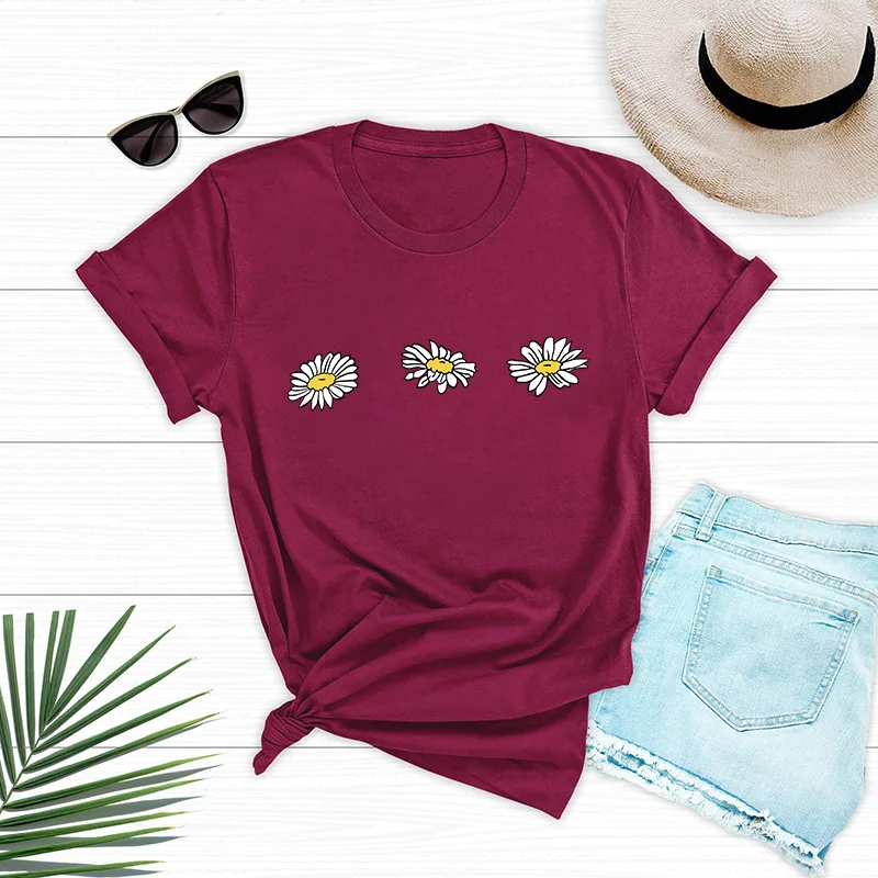 

Summer Cotton Women T Shirt Plus Size Daisy Flowers Graphic T Shirts Short Sleeve Tops for Women Casual Streetwear