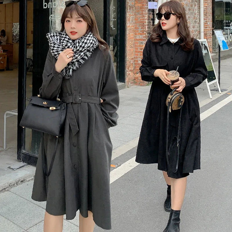 

Women's Spring Lapel Solid Color Button Dress Plus Size Knee Length Casual Wear 100 Kg Can Be Worn