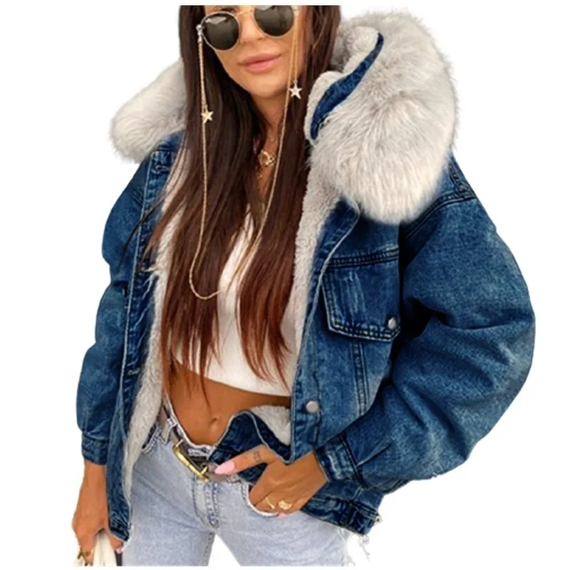 

Kalenmos Big Fur Collar Thick Denim Jacket Woman Lamb Hair Single-breasted Wild Long-sleeved Hooded Short Korean Coats Women