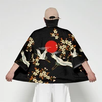 crane print kimono man japanese clothes yukata male samurai costume haori obi beach mens kimono cardigan streetwear jacket