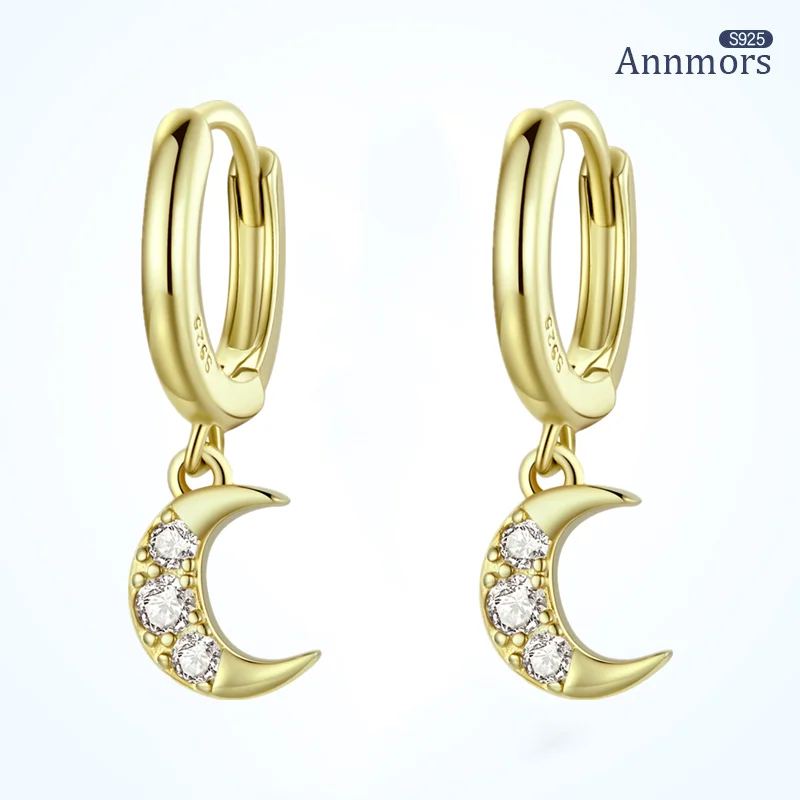 

Women Moon Clear Zircon Hoop Earrings Gold Korean Jewelry 925 Silver Classic Ear Piercing Gift Party Wedding Earrings