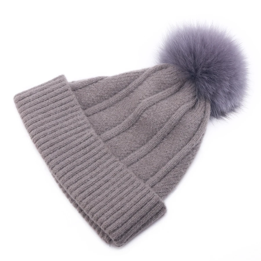 Зимняя женская вязаная шапка Skullies, Женская бини, шапка с настоящим помпон из лисьего меха, Роскошные плотные теплые уличные Лыжные шапки Gorro для девочек
