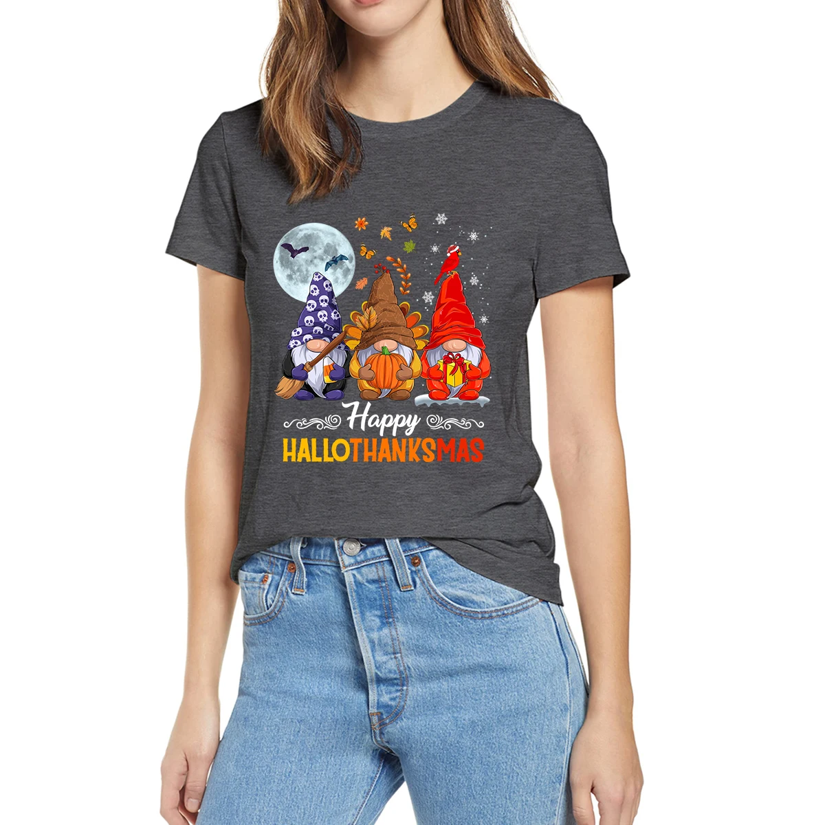 

100% Cotton Halloween Thanksgiving Christmas Happy Hallo Thanks Mas Gnomes Summer Women Casual Novelty Oversized T-Shirt Tee
