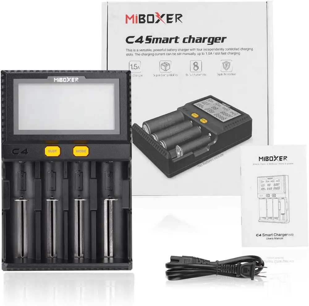Miboxer C4 lcd умное зарядное устройство для Li-Ion IMR ICR LiFePO4 18650 14500 26650 21700 AAA батареи 100-800mAh 1.5A разряда - Цвет: C4 with discharger