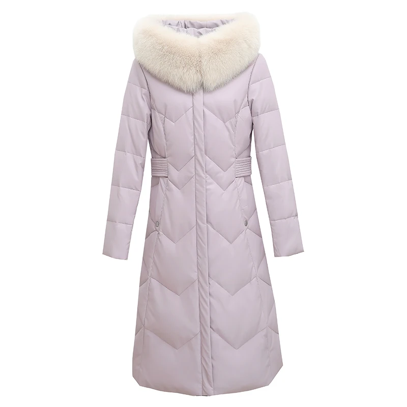 New Women Sheep Leather Down Jacket Autumn Winter 2022 Real Fox Fur Collar Hooded Thick Warm Sheepskin White Duck Down Coat