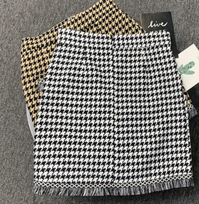 Осенне-зимняя Клетчатая Шерстяная Юбка Женская твидовая мини-юбка с бахромой из