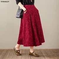 tiyihailey free shipping 2021 new long mid calf a line high elastic waist women autumn cotton jacquard skirts spring black red