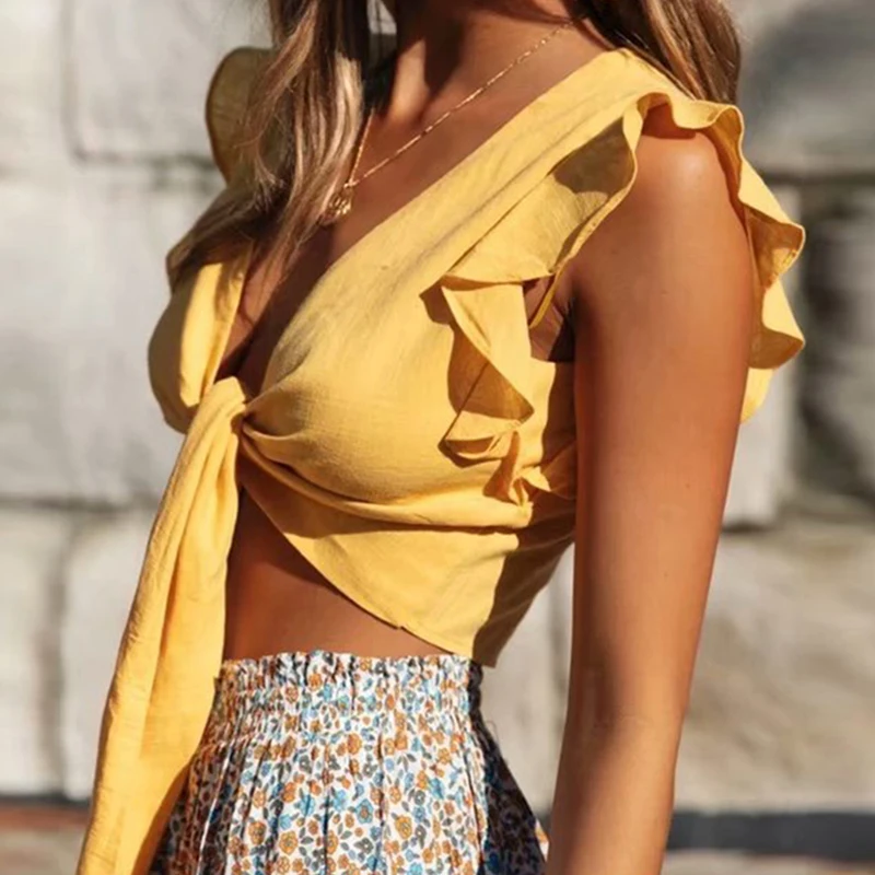 

Solid Bodycon Sexy Summer 2020 Short Blusas Ruffle Sleeve V Neck Shirts Beach Streetwear Casual Tunic Womens Tops and Blouses