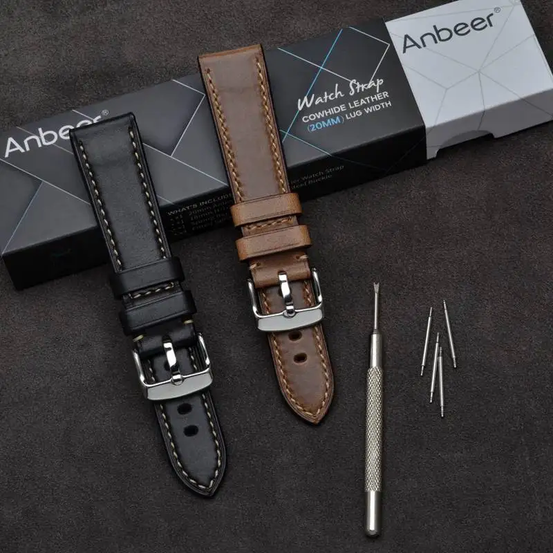 Anbeer Leather Watchband 18mm 19mm 20mm 21mm 22mm 23mm 24mm Men Women Black Brown Horween Leather Calfskin Watch Strap Bracelet