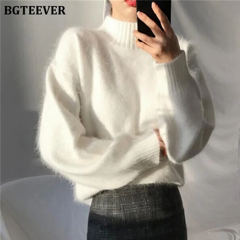 BGTEEVER корейские женские свитера со стоячим воротником однотонные мягкие вязанные