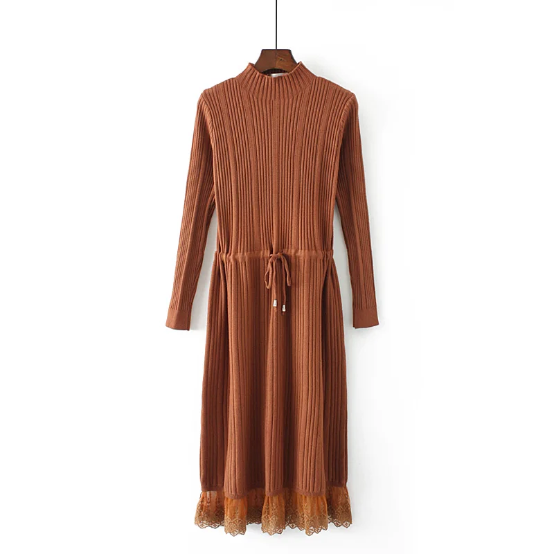 Женское трикотажное платье до середины икры плотное и теплое длинное прямое