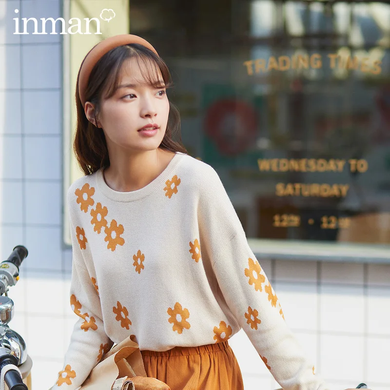 Инман 2020 Осень Зима Новое поступление круглый вырез цветок жаккард свободный