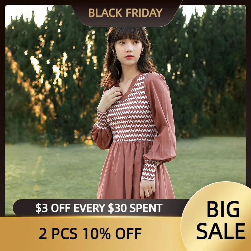 

INMAN Autumn Spring Pink Elegant One Piece Retro Vintage Stripe Stitched Wool Bubble Lantern Long Sleeve V-Neck Women's Dress