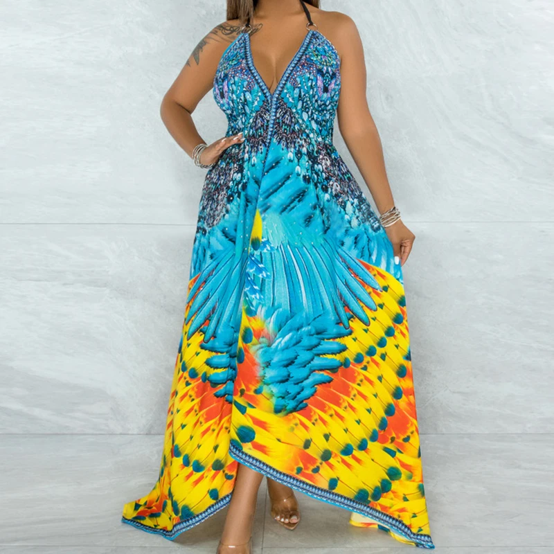 

Summer Women Beach Dress Sleeveless Printed Halter V Neck Butterfly pattern Backless Mopping skirt