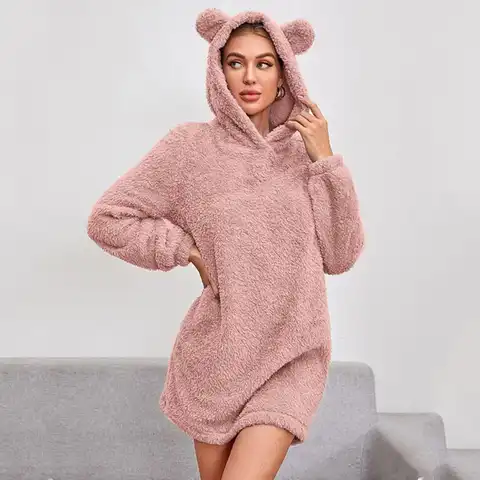 Women Reddy Hoodies Fleece Hooded Fluffy Sweatshirt Long Sleeve Drawstring Hoodie Thick Warm Long Tops Outwear Bear Ear Moletom