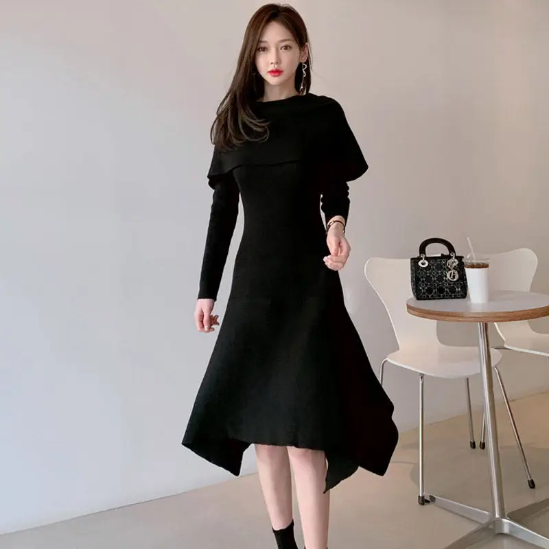 

Fashion Spring Autumn Off Shoulder Sweater Dress Elegant Korean Women Ruffles Slash Neck Knitted Solid Color Long Office Dress