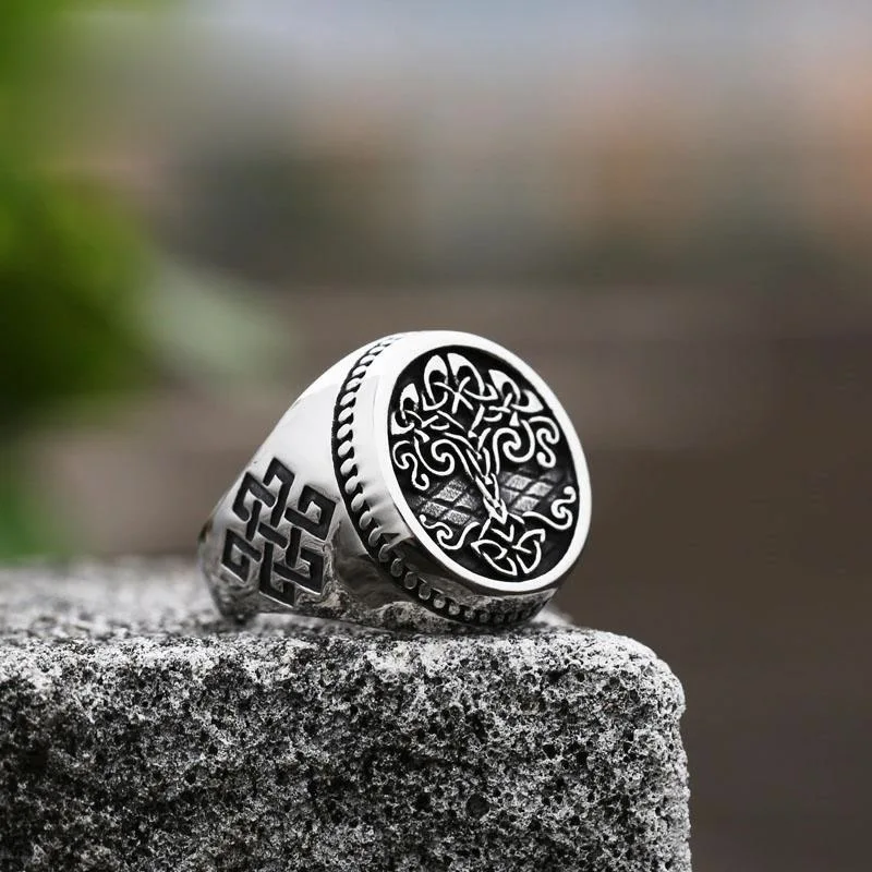 

New Retro Alloy Viking Tree of Life Celtics Knotwork Opening Resizable Ring Men's Stainless Steel Norse Amulet Jewellery Gift