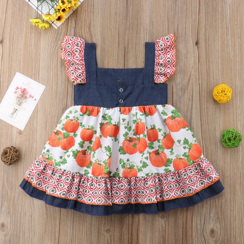 Детское платье с рюшами и принтом тыквы на Хэллоуин для маленьких девочек одежда