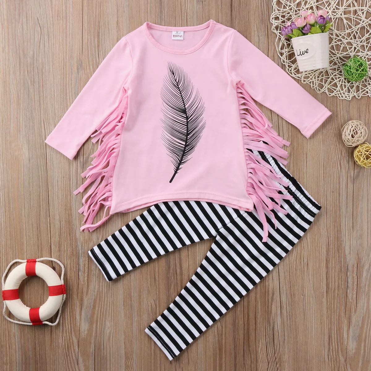 

2PCS Set Kids Baby Girls Autumn Outfits Clothes Feather Pattern Tassel Tops+Long Pants