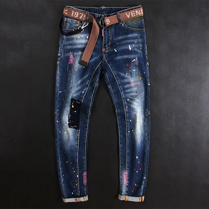 

European American Fashion Men Jeans Retro Blue Elastic Slim Fit Ripped Jeans Men Street Splashed Painted Designer Hip Hop Pants