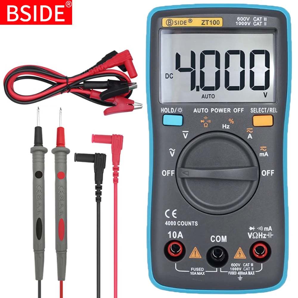 

Digital Multimeter BSIDE ZT100 4000 counts DC/AC Voltage Current Capacitance Hz Diode Ohm tester Ammeter Voltmeter Backlight